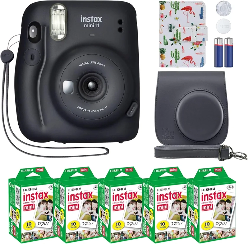 Fujifilm Instax Mini 11 Instant Camera Charcoal Gray + MiniMate Accessory Bundle & Compatible Custom Case + Fuji Instax Film Value Pack (50 Sheets) Flamingo Designer Photo Album