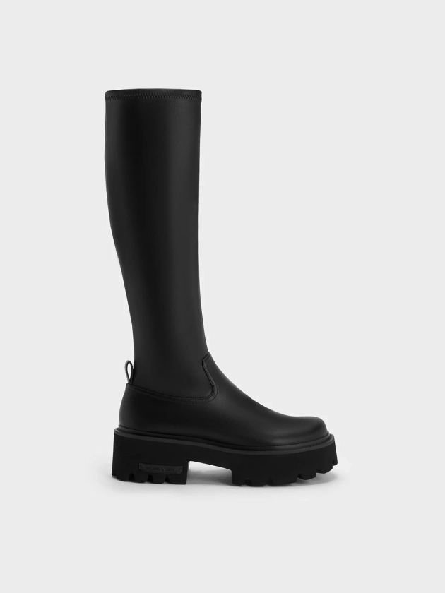 Black Imogen Chunky Platform Knee-High Boots | CHARLES & KEITH