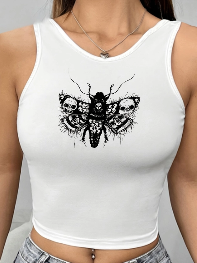 Tops de tanque de poliéster sin mangas para mujeres con estampado de mariposa y calavera - Diseño geométrico, estilo lindo, vestido ceñido de tela de