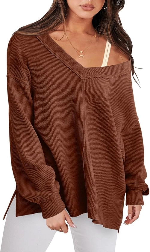 ANRABESS Oversized Long Sleeve Shirts for Women Off the Shoulder Sweatshirt Loose V Neck Tunic Tops High Low Sweater 2024