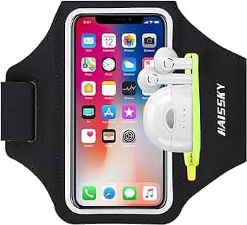 HAISSKY Brazalete Deportivo para Correr con Bolsa de Auriculares, Brazalete Móvil Deportivo Ajustable para iPhone 15 Pro MAX 14 Pro 13 12 11 Plus XS XR X, Galaxy S24/S23/S22/S10, hasta 6,7" (Negro)