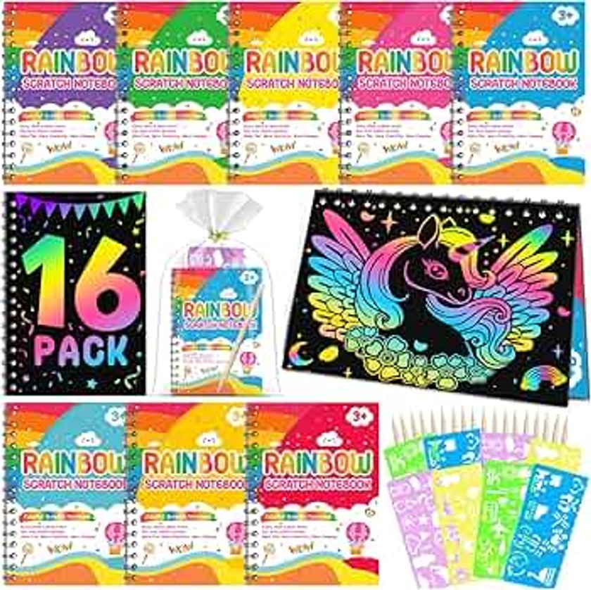 PIEKIDSFUN Party Bag Fillers for Kids, 16 Pack Rainbow Scratch Notebook Toys Scratch Arts Crafts Kids Toys for 4-12 Years Old Girls Boys Birthday Christmas Classroom Gifts