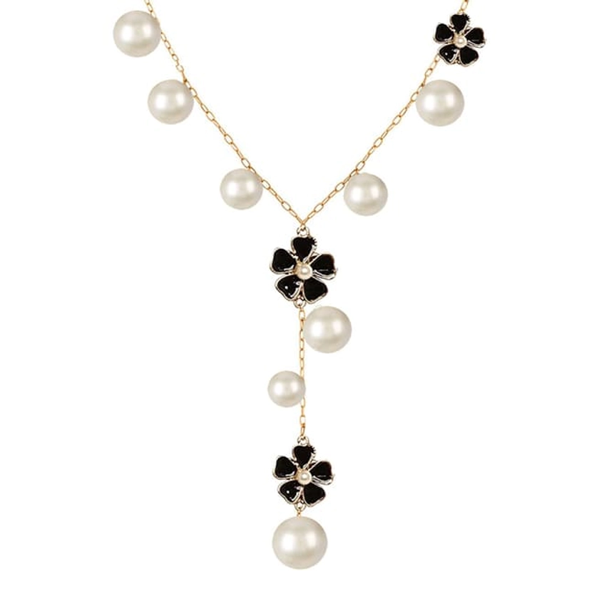 Chloe Collection by Liv Oliver										18K Gold Black & White Lariat Floral Necklace