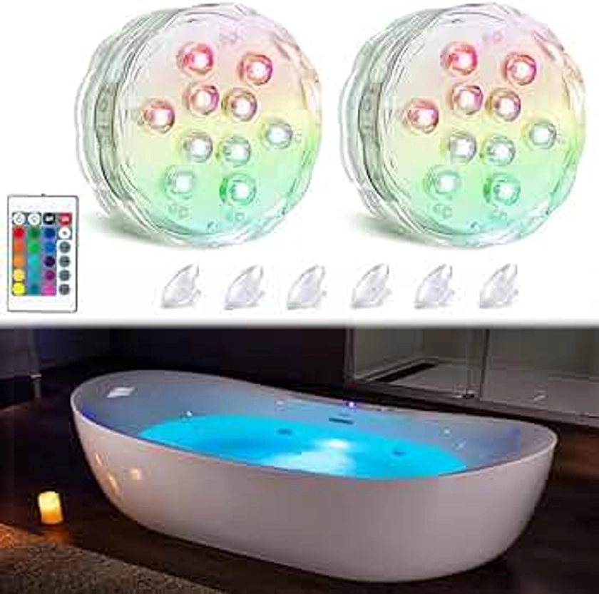 Bath Tub Lights Wireless, Battery Operated Waterproof Glow Light for Bathroom Bathtub Light Shower Spa Light, Bath Essentials for Women Relaxing, RGB Multi Color Remote Controlled, 2pcs