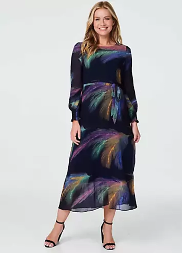 Izabel London Navy Printed Long Sleeve Midi Dress | Grattan
