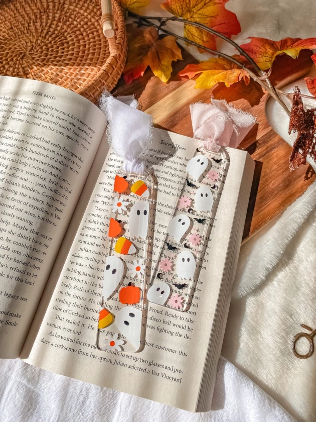 Halloween Acrylic Bookmark with Boho Ribbon | Spooky Book Lover Reading Gift | Library Accessories | Teacher Gifts | Page Marker for Readers