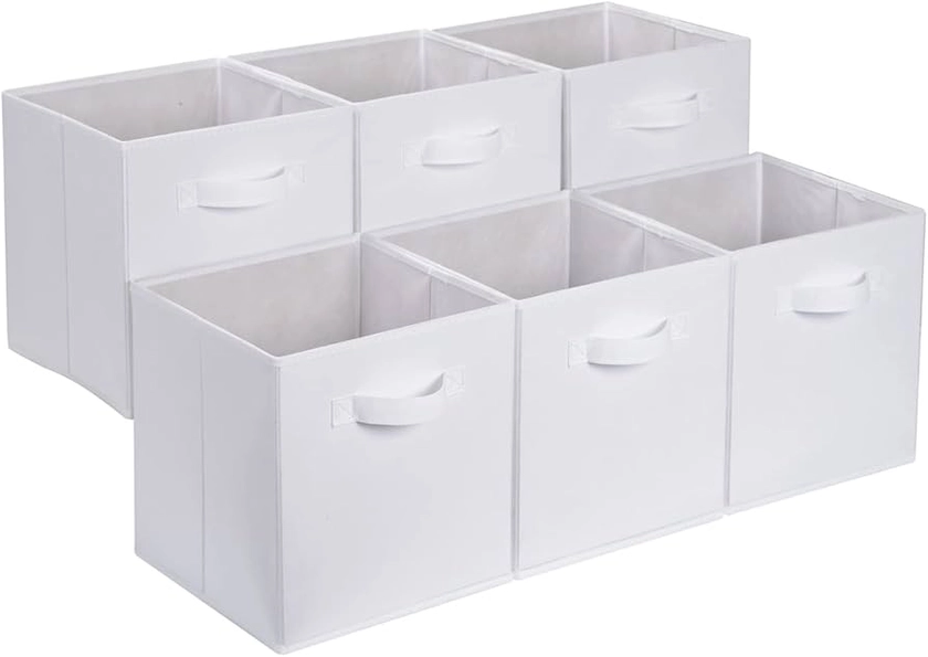 Amazon Basics Collapsible Fabric Storage Cube Organizer with Handles, 10.5 x 10.5 x 11 Inch, White - Pack of 6