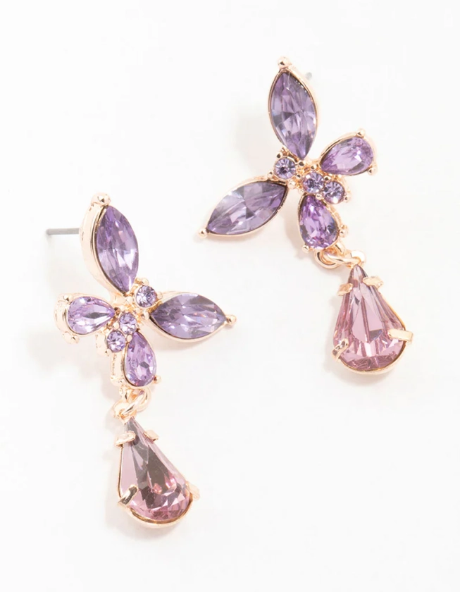 Rose Gold Diamante Purple Butterfly Pear Drop Earrings