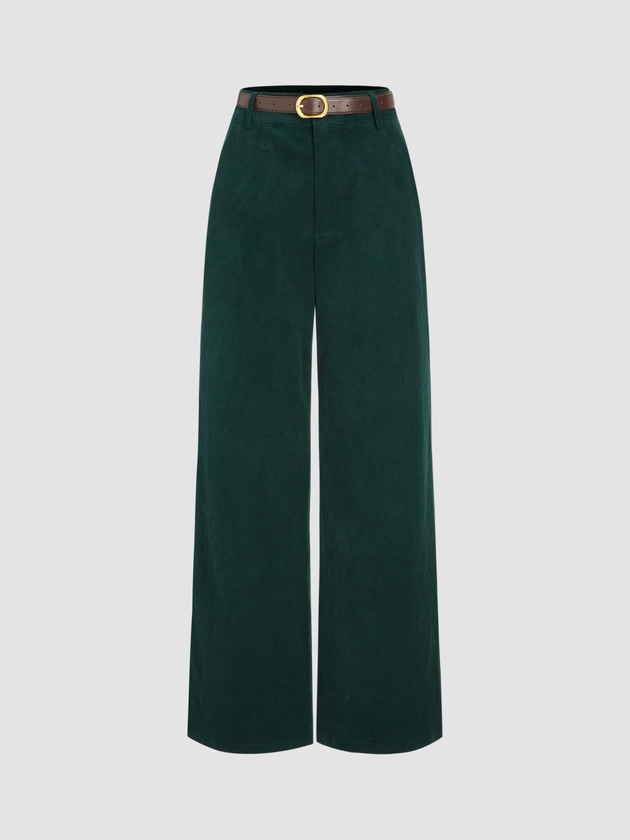 Corduroy Middle Waist Pocket Straight Leg Trousers With Belt