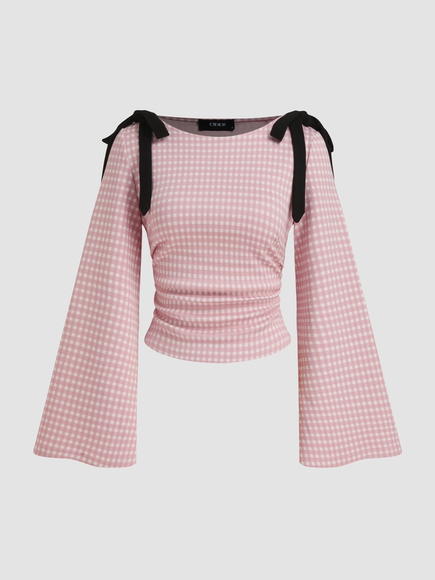 Boat Neck Gingham Bowknot Ruched Long Sleeve Top