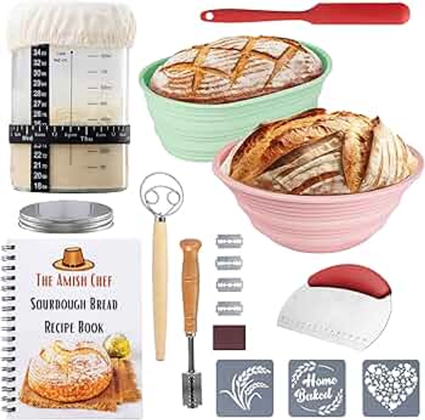 Complete Sourdough Bread Starter Kit, Glass Sourdough Starter Jar Kit & Tons of Sourdough Bread Baking Supplies - Sourdough Starter Kit Includes Sourdough Jar, Silicone Bread Proofing Bread Bowl