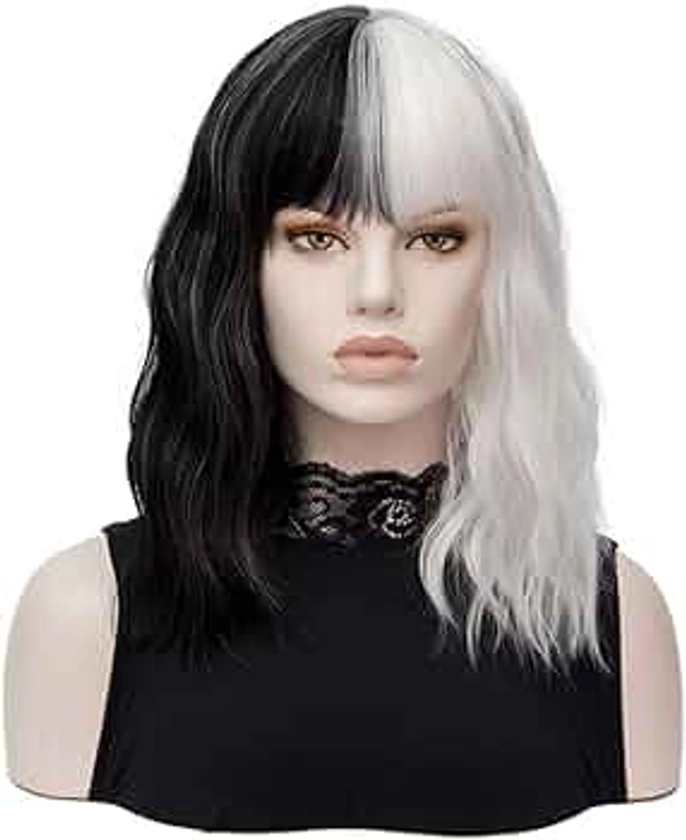 QACCF Short Wavy Shoulder Length Women Full Bang Heat Resistant Wig (Black and White)