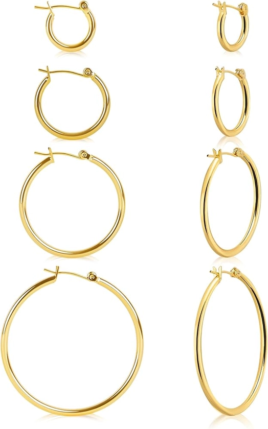 Gokeey 4 Pair Gold Hoop Earrings Set for Women,14k Real Gold Plated Gold Hoops with S925 Sterling Silver Post Hypoallergenic Thin Hoop Earrings Gold Earrings for Women Girls Trendy Jewelry Gifts