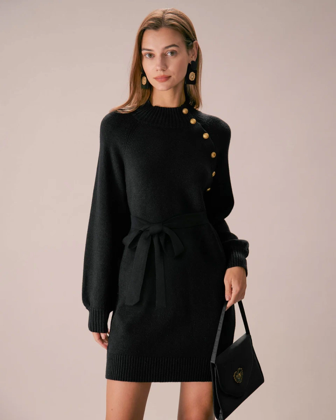 The Black Lantern Sleeve Sweater Mini Dress & Reviews - Black - Dresses | RIHOAS