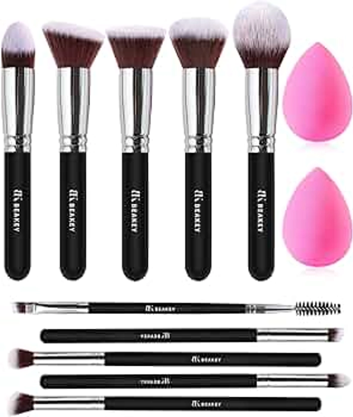 BEAKEY Makeup Brush Set Professional for Eye and Face, Blending Brush for Foundation, Eyeshadow, Concealer, Make up Brushes Pack with 2 Blender Sponge, Eye Shadow Brush with Paper Case, Gift for Women