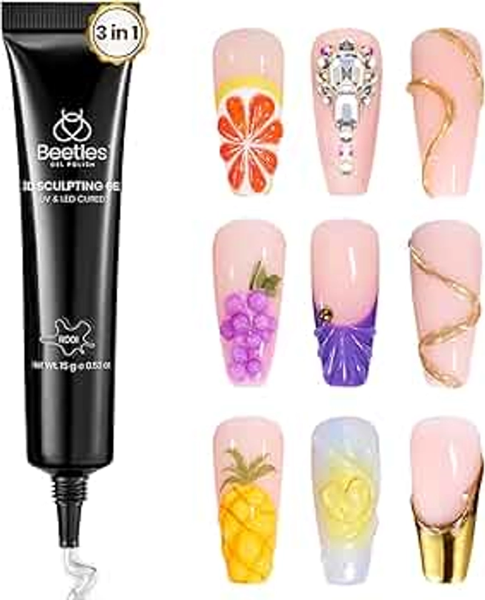 Beetles Sculpting Gel 3D Gel Nail Art Design 3 in 1 Clear No Wipe Gel Nail Polish Rhinestone Nail Charm Glue for Nail Art Adhesive Resin Gems Diamond Jewelry Decoration DIY Manicured at Home