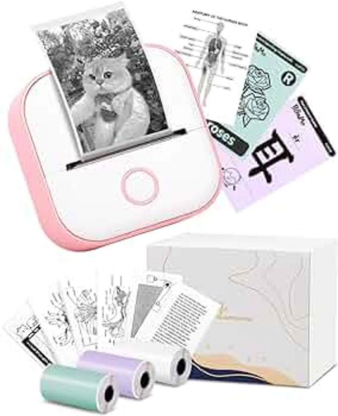 Memoking Mini Sticker Printer - T02 Small Thermal Printer for Phone, Portable Wireless Printer with 3 Rolls Paper for Children’s Day Birthday, Receipts, Compatible with iOS & Android, Pink