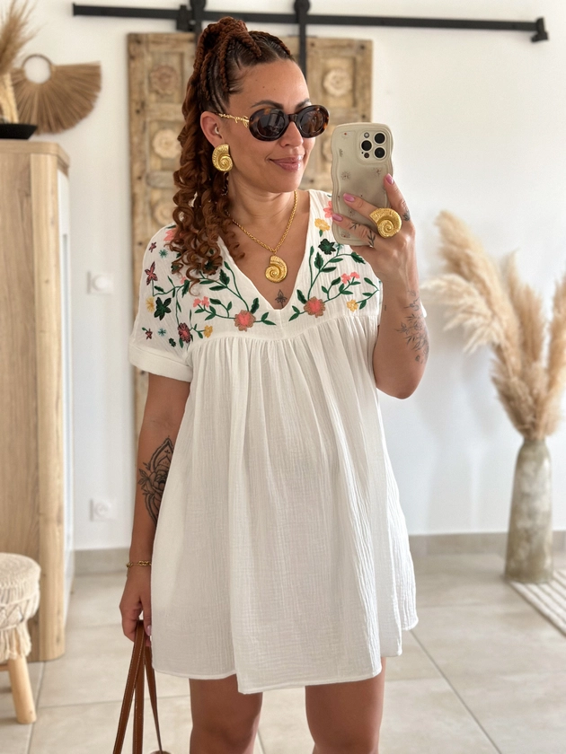 Robe combi gaze de coton blanc brodée - Melisa