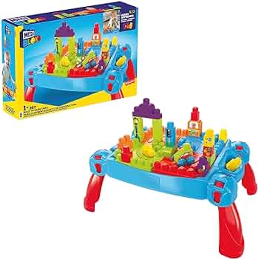 MEGA Bloks La Table d'Apprentissage bleue avec blocs de construction et 2 véhicules, 30 pièces, jouet pour bébé et enfant de 1 à 5 ans, FGV05