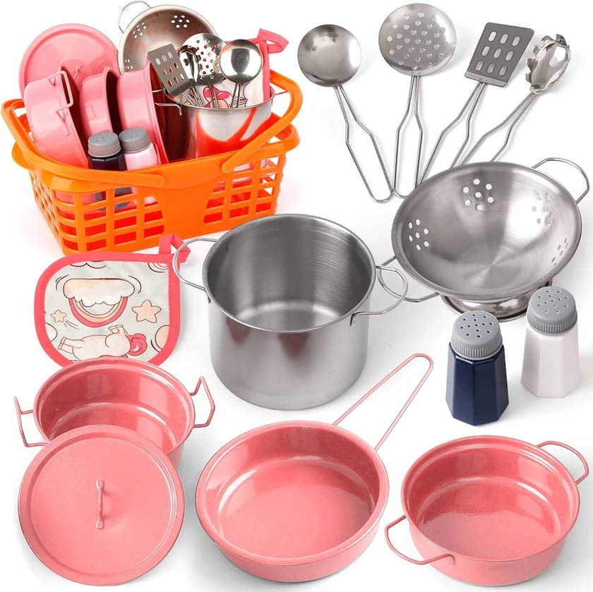 Veitch fairytales Dinette Enfant Ustensile et Accessoire Cuisine Enfant Jouet Ensemble de Casserole en Métal Coloré Cadeau 3 4 5 6 7 8 Ans (Rose)