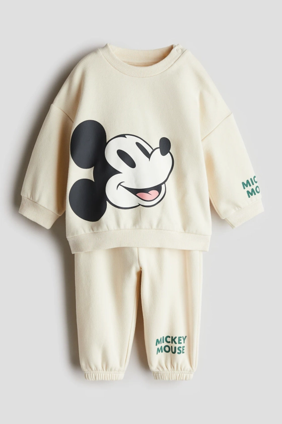 2-piece motif-detail set - Regular waist - Round neck - Cream/Mickey Mouse - Kids | H&M GB