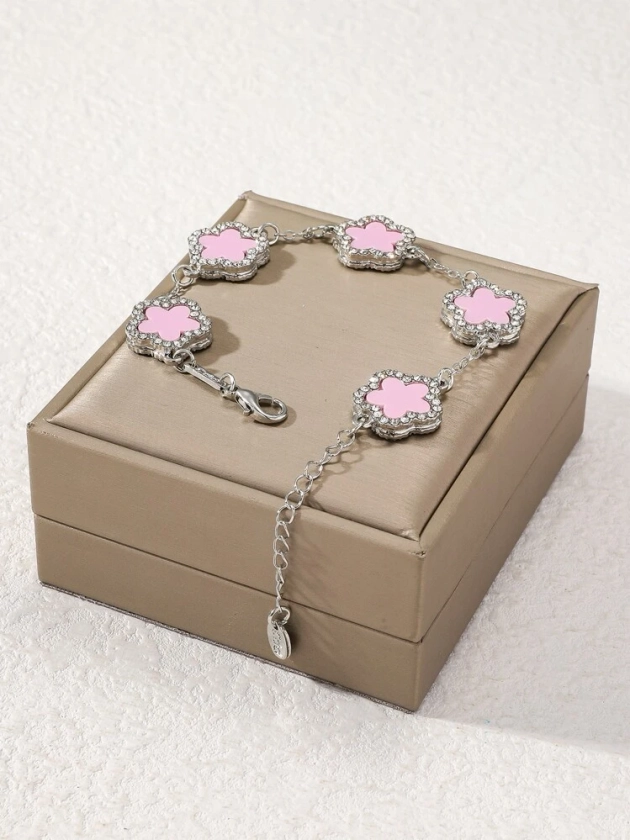 1pc Clover Shaped Pink Rhinestone Decor Fashionable & Elegant Women Bracelet Suitable For Daily Wear (without Package Box) | SHEIN UK