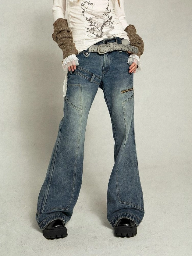 Old staggered waist head low-rise jeans【s0000005027】