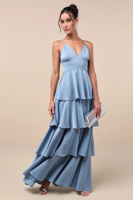 Going with Elegance Slate Blue Satin Tiered Gown