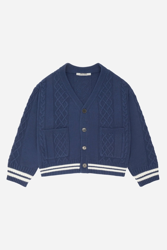 about:blank | cable knit cardigan navy/white
