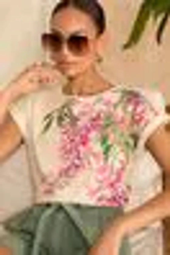Love & Roses Ivory White Floral Crew Neck Woven Trim Linen Look Jersey T-Shirt