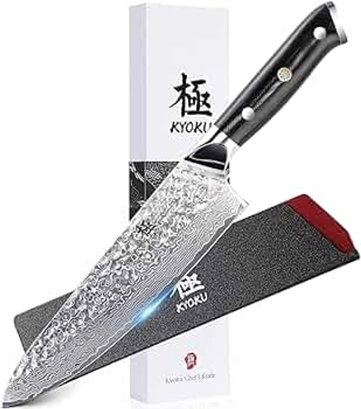 KYOKU Chef Knife - 8"- Shogun Series Japanese VG10 Steel Core Hammered Damascus Blade Kitchen Knife - with Sheath & Case