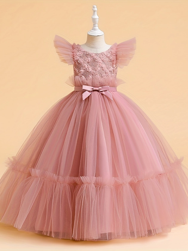 Evening Dress For Girls Birthday Princess Dress With Flying Sleeve Mesh & Maxi Design, For Host Stage Walking Show Piano Performance Outfit