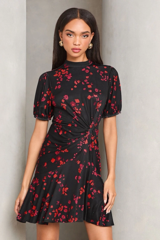 Buy Lipsy Black Floral Puff Sleeve Ruched Jersey Mini Dress from Next Australia