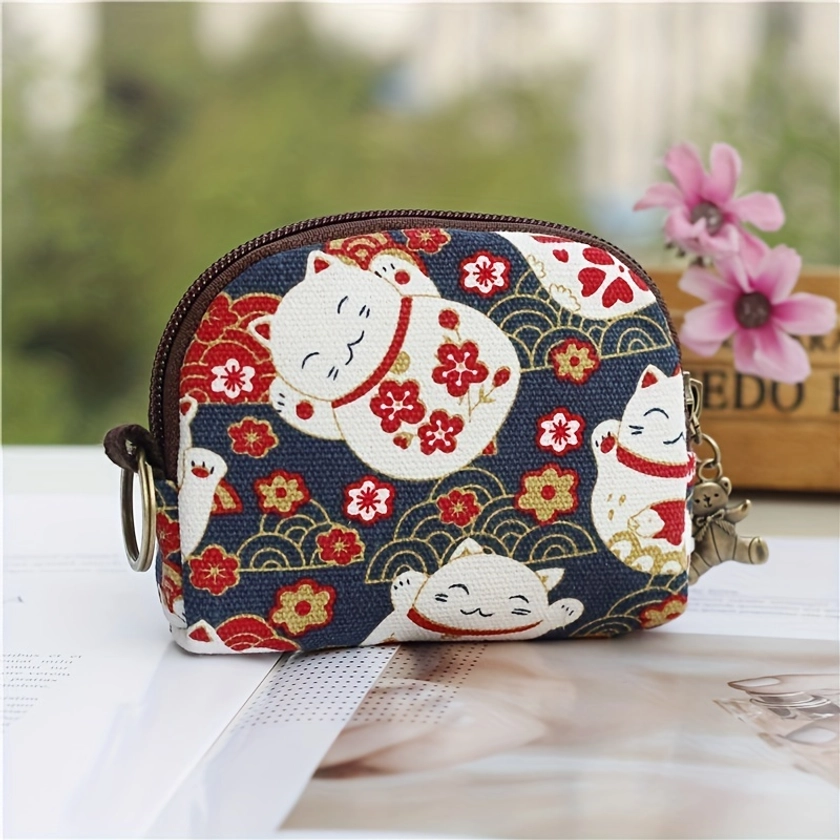 Japanese Style Canvas Coin Purse, Zipper Around Storage Bag, Mini Wallet With Keychain