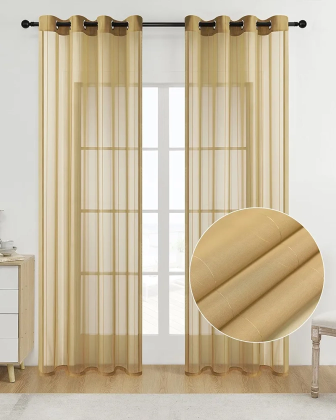 Stripe Gold Sheer Curtains 84 inch Length 2 Panels with Grommets Semi Transparant Curtains for Living Room Curtains for Bedroom Set of 2 pcs Sheer Curtains & Drapes Light Filtering Curtain