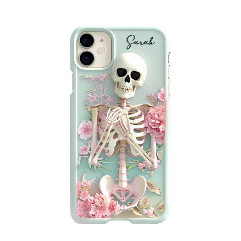 Personalized Name Pink Floral Skull Phone Case, Embroidered Look Floral Charm Phone Cover, Halloween Cottagecore, iPhone, Pixel, Samsung