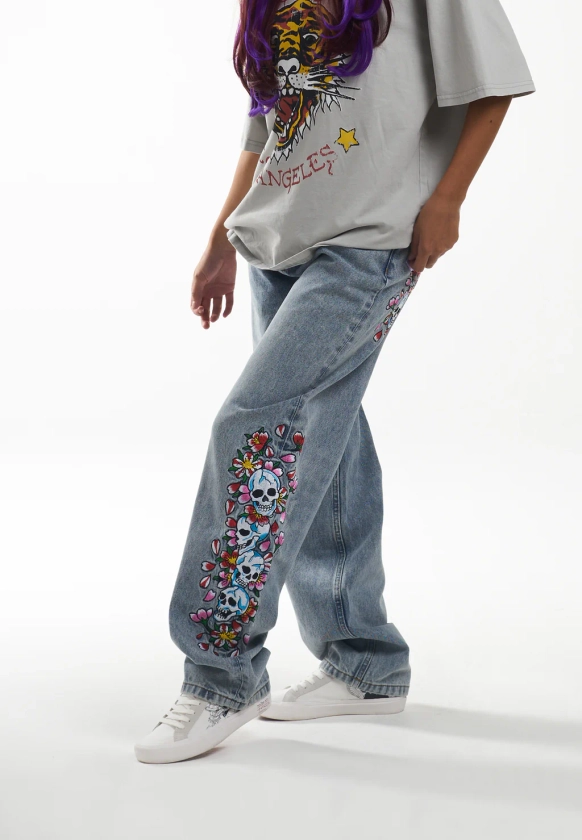 Womens Skull-Flower-Baggy Jeans - Bleach