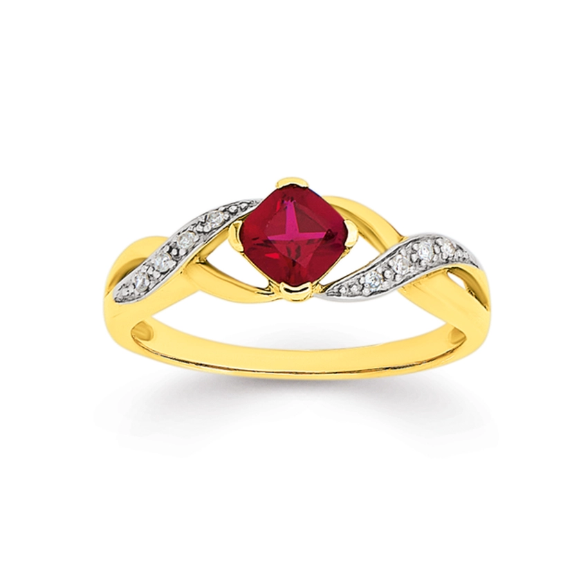 9ct Gold, Created Ruby & Diamond Cushion Cut Ring in Red | Prouds