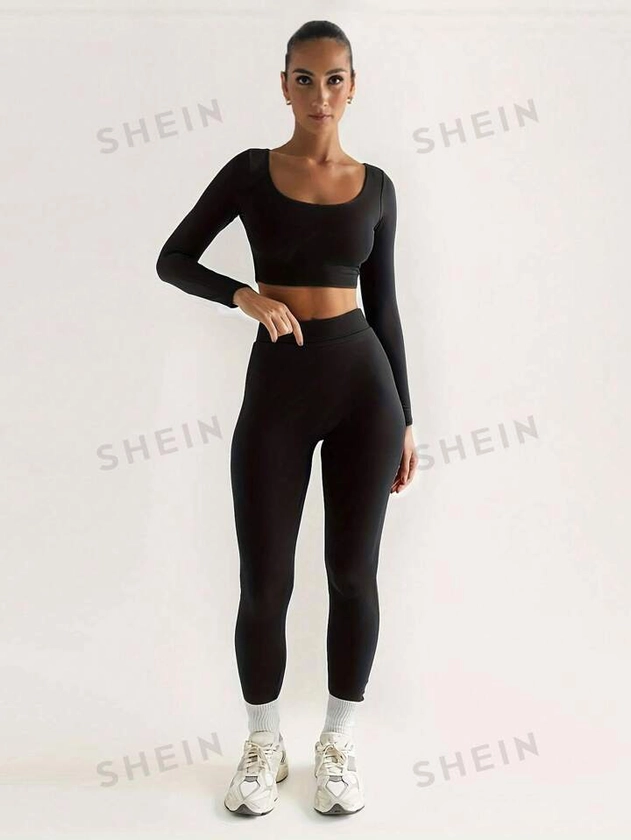 Solid Slim Two Piece Set Casual Long Sleeve Crop Top And Pencil Skinny Pants Outfits Sport Stretch Matching Set