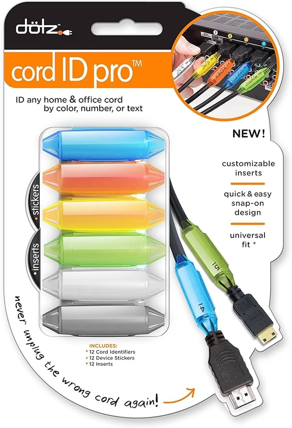 Amazon.com: Dotz Cord ID Pro Cord and Cable Identification System, 12 Count, Assorted Colors (DCI171M-C) : Electronics