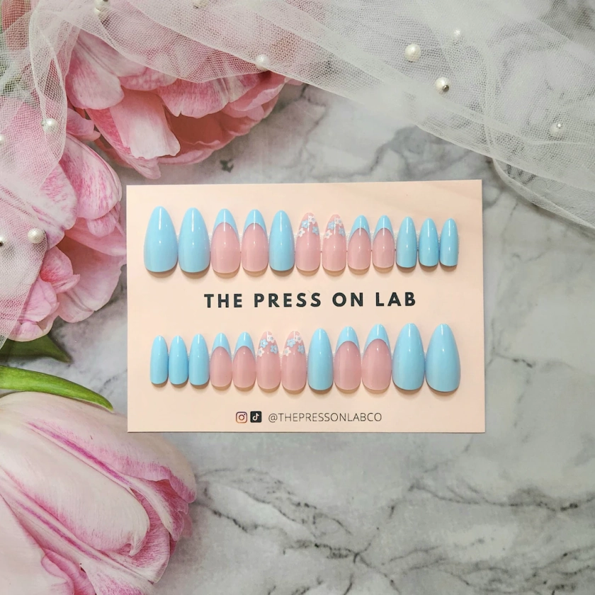 24 Pcs Sky Blue Floral Almond Press on Nail, Flower Press on Nails, Blue French Nails, Fake Nail, Glue on Nail, Summer Nails, Gift for Her - Etsy