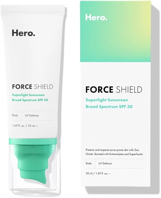 Force Shield Superlight Sunscreen SPF 30 from Hero Cosmetics - Everyday SPF 30 for Acne-Prone Skin with Zinc Oxide, Green Surge, and Extremolytes, Fragrance Free and Reef Safe (50 ml)