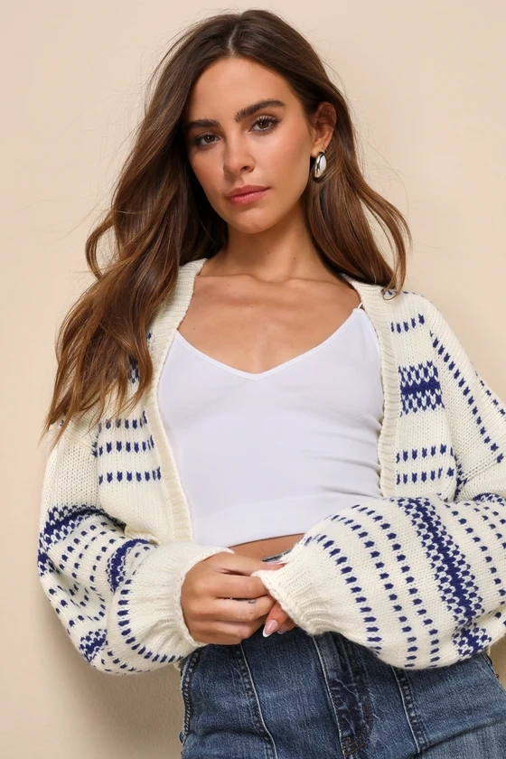 Cozy and Cuddly Ivory Striped Balloon Sleeve Cardigan
