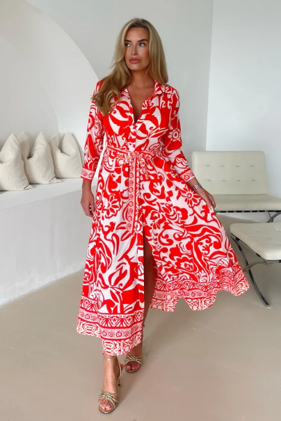 Angela Red Print Shirt Maxi Dress