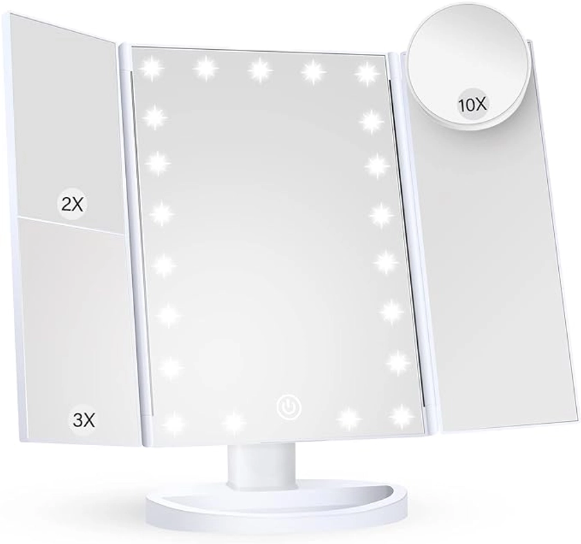 Amazon.com - Makeup Mirror Vanity Mirror with Lights, 2X 3X 10X Magnification, Lighted Makeup Mirror, Touch Control, Trifold Makeup Mirror, Dual Power Supply, Portable LED Makeup Mirror, Women Gift (White)