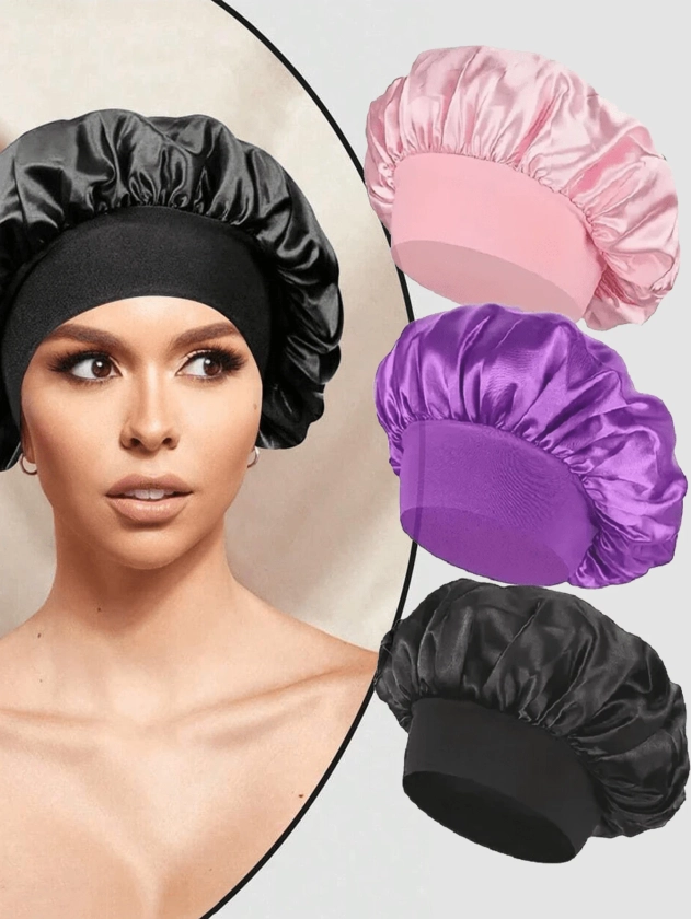 1PC/2PCS Breathable Satin Silk Bonnet For Sleeping,Elastic Wide Band Satin Bonnet Caps For Women,Wide Band Sleep Cap For Long Hair Curly Hair,Adjustable,With Soft Elastic Band Hair Bonnets | SHEIN UK