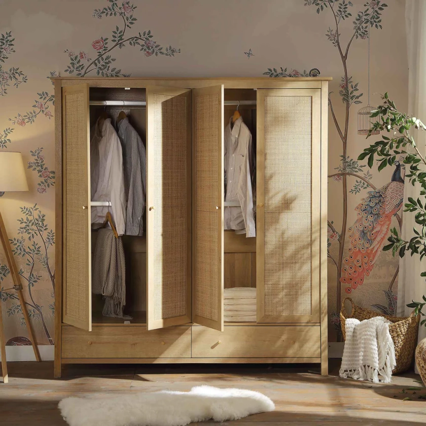 Frances Rattan 4-Door Wardrobe with 2 Drawers, Natural