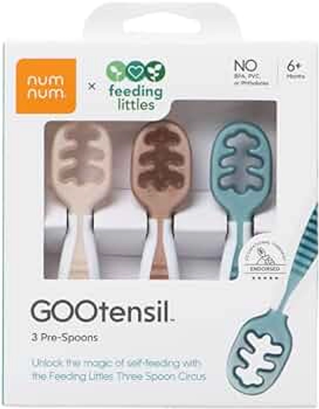 NumNum Baby Spoons Set, Feeding Littles x Silicone Pre-Spoon GOOtensils for Kids Aged 6+ Months - First Stage, Baby Led Weaning (BLW), Teething Spoon - Toddler Utensils - 3 Spoons, Neutrals