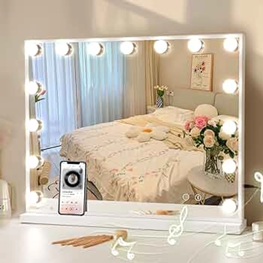 COOLJEEN Vanity Mirror with Lights and Bluetooth, Hollywood Makeup Mirror with 15 Dimmable LED Bulbs and USB Charging, 3 Color Modes Lighted Vanity Mirror, Tabletop/Wall-Mount (Shatterproof Glass)