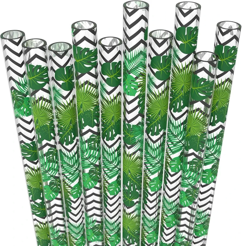 10 Long Reusable Transparent Hard Plastic Drinking Straws, Tropical Palm Leaves Print Design + Sturdy Cleaning Brush - For Tumblers, Mason Jars, Milshakes and Smoothies - BPA Free